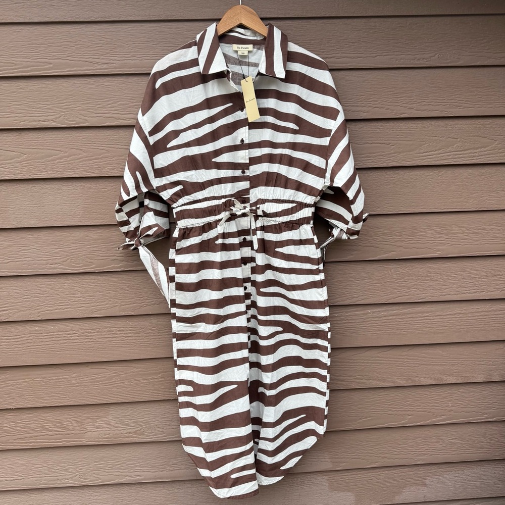 Du Paradis Women’s Dress Size L Brown White Button Up Tie‎ Waist Animal Print